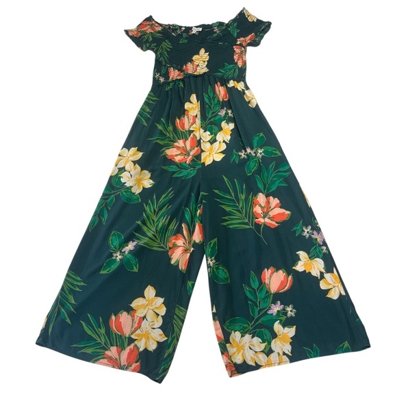 Patrons Of Peace Wide Leg Cropped Jumpsuit Green Floral 100% Rayon Size XS - Picture 1 of 8